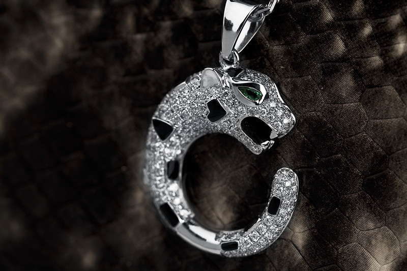 慕蒂卡珠宝  满钻豹头-18K金钻石项链（绿宝石）